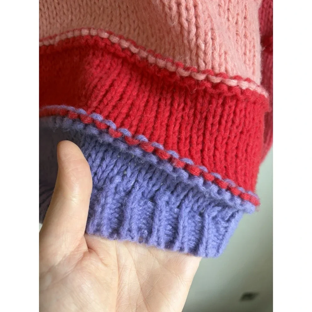 Umgee Chunky Striped Oversized Sweater M Pom Pom Balloon Kidcore Retro Pullover